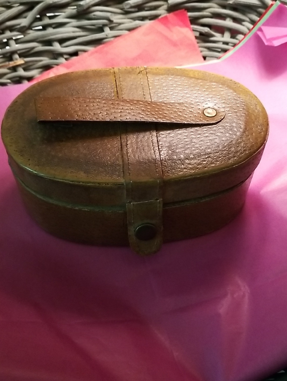 Vintage Brown Leather Oval Storage Box - Classic Home Organization
